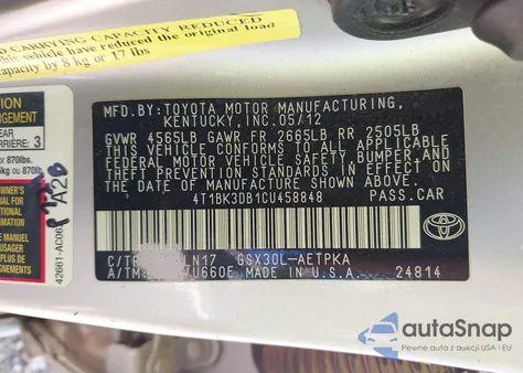 2012 Toyota Avalon Limited from USA, damaged, VIN 4T1BK3DB1CU458848